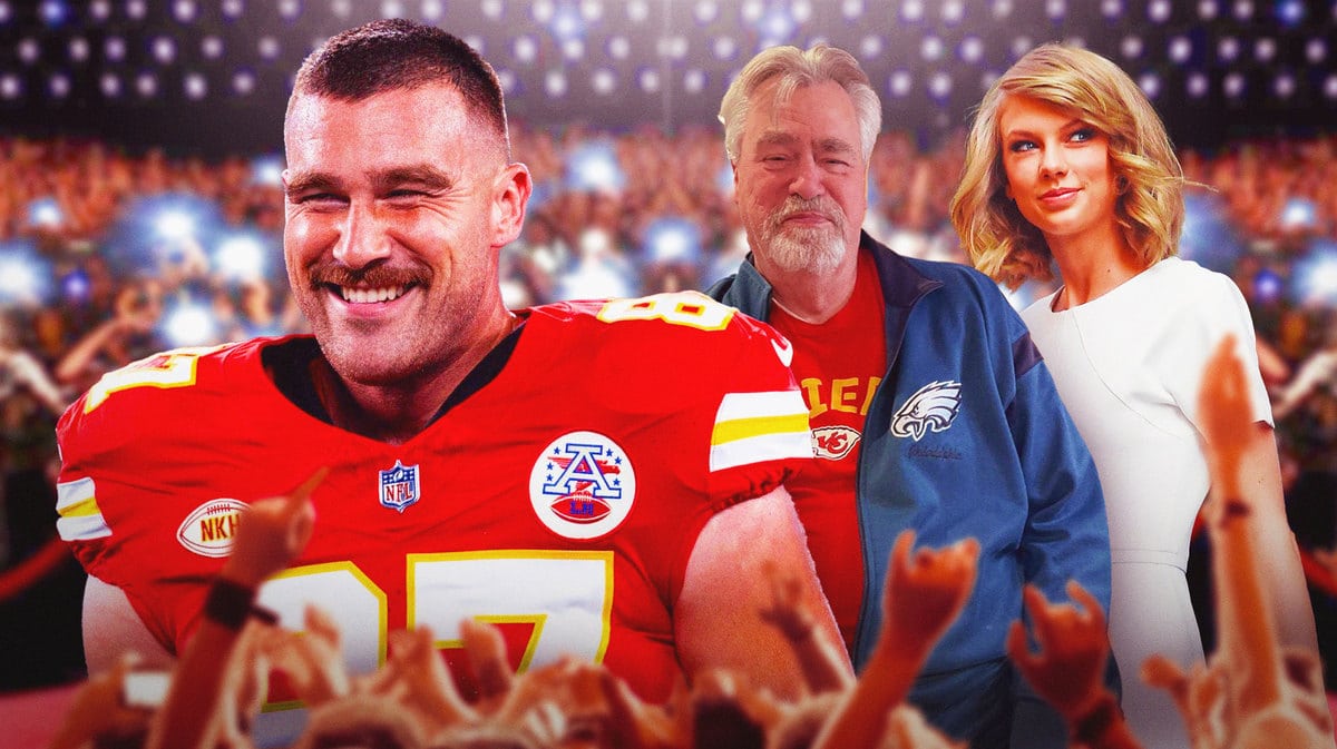 Taylor Swift talking to Travis Kelce's dad