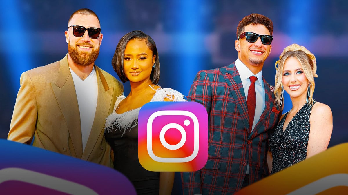 Travis Kelce, Kayla Nicole, Brittany Mahomes and Patrick Mahomes with Instagram logo.