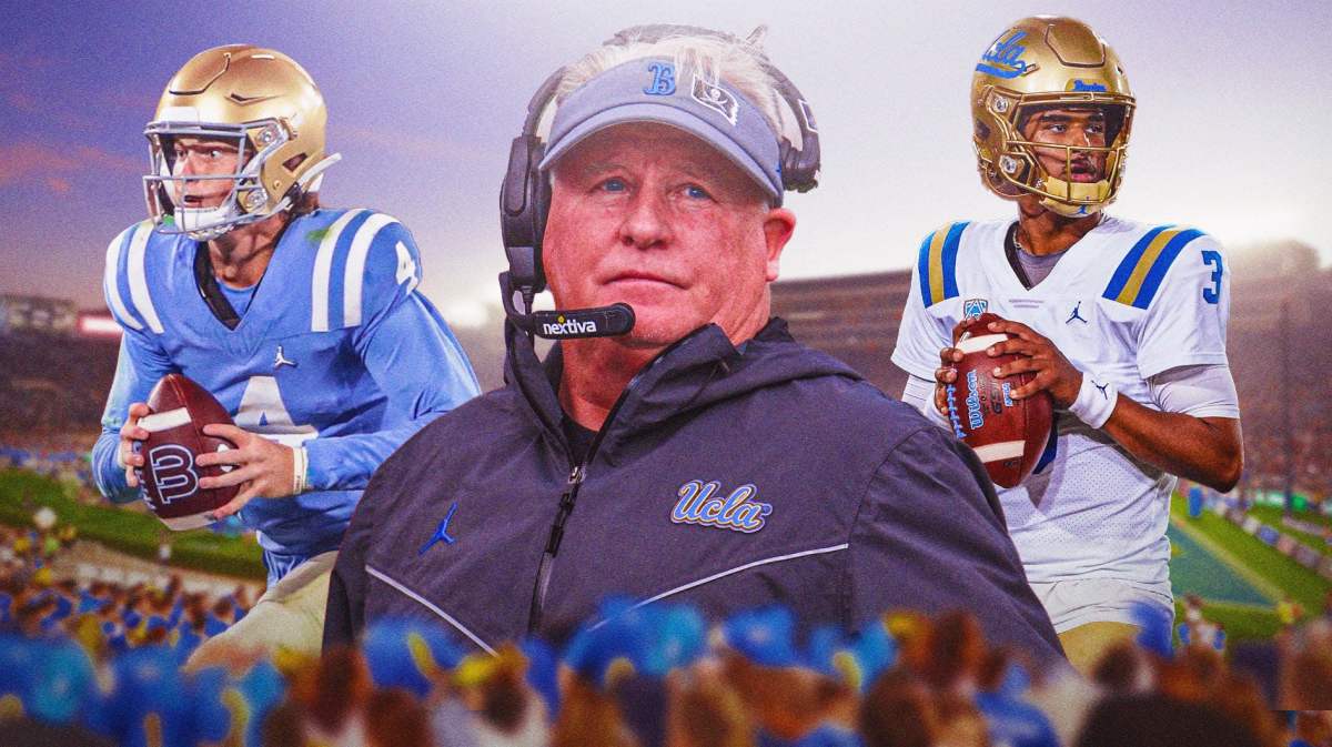 UCLA football head coach in the middle of quarterbacks Ethan Garbers and Dante Moore