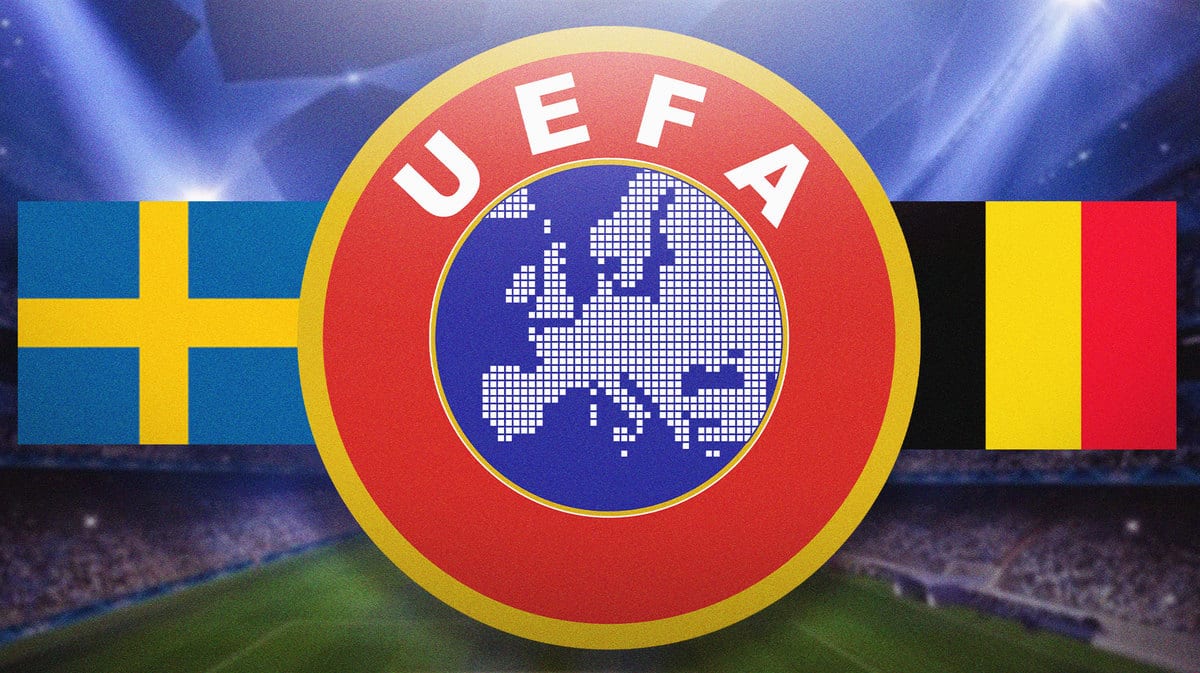 The UEFA sign in front of the Swedish and Belgian flags, Euro 2024