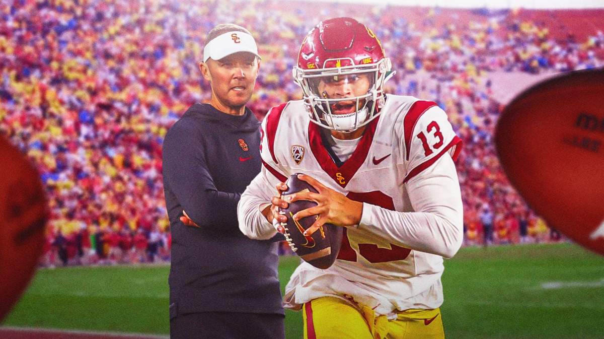 USC football, Utah football, Trojans, Caleb Williams, Lincoln Riley and Caleb Williams (in USC uni) with USC football stadium in the background