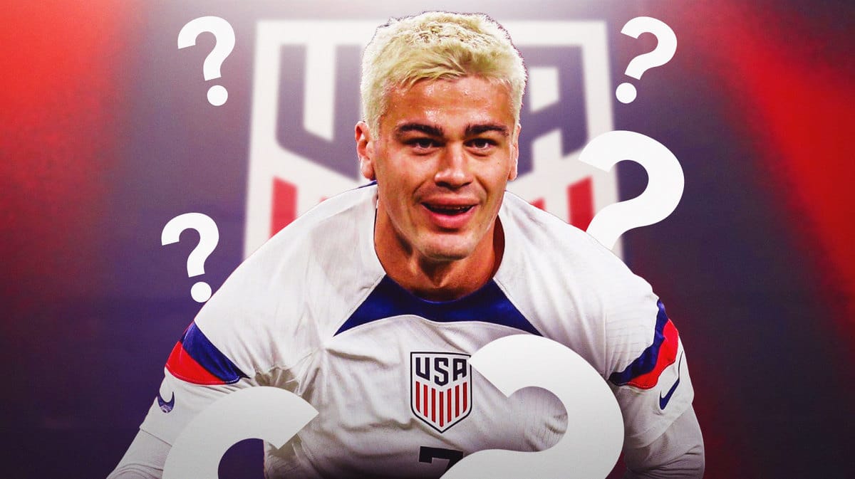 Gio Reyna in front of the USMNT logo with questionmarks in the air