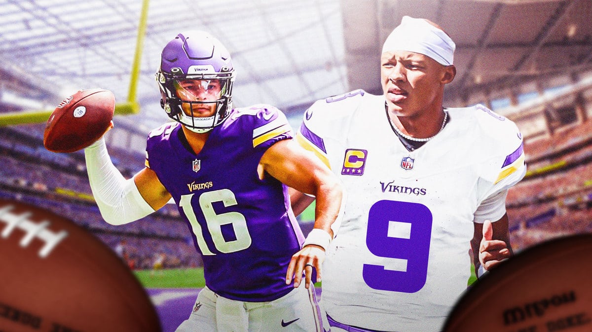 Josh Dobbs in a Vikings uniform. Vikings' Jaren Hall throwing a football next to him.