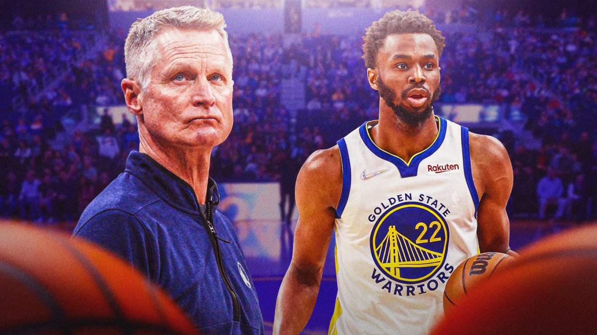 Steve Kerr and Andrew Wiggins with court behind them