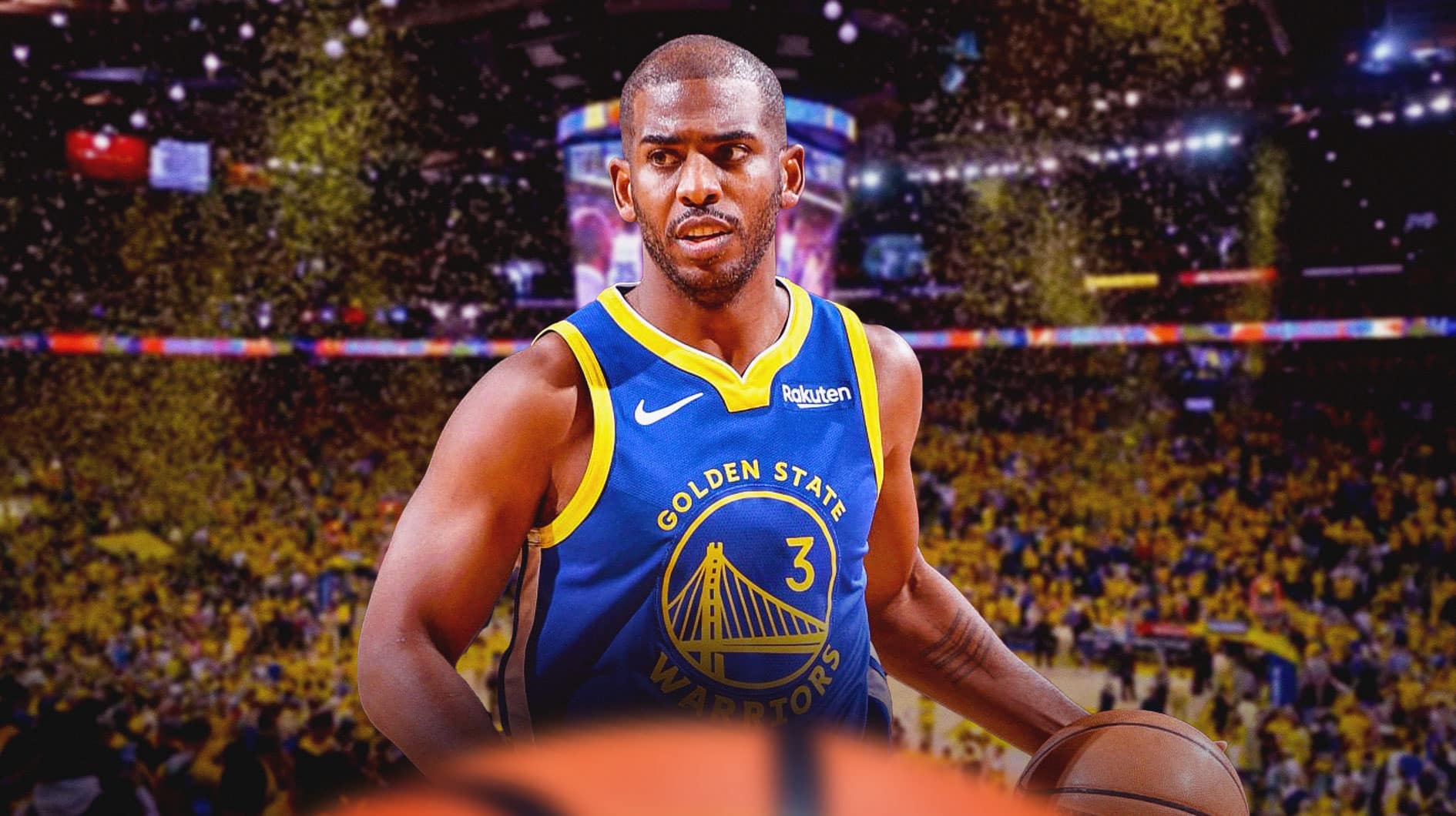 Chris Paul with the Warriors arena in the background