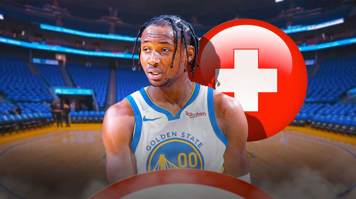 Jonathan Kuminga of the Warriors with a medical cross symbol