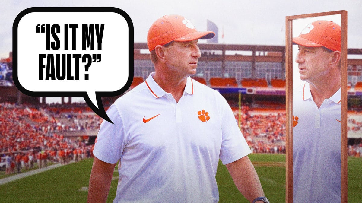 Dabo Swinney, Clemson football, looking in the mirror, asking, "Is it my fault?"