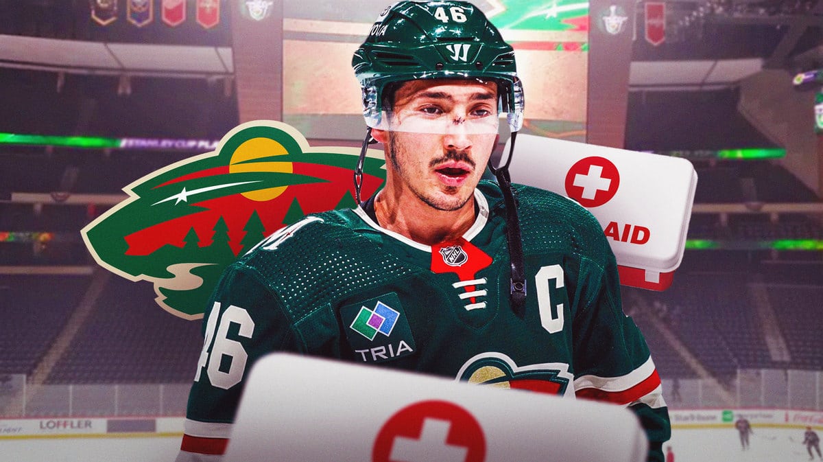 Image: Jared Spurgeon in image looking stern, MN Wild logo, first aid kit in image, hockey rink in background