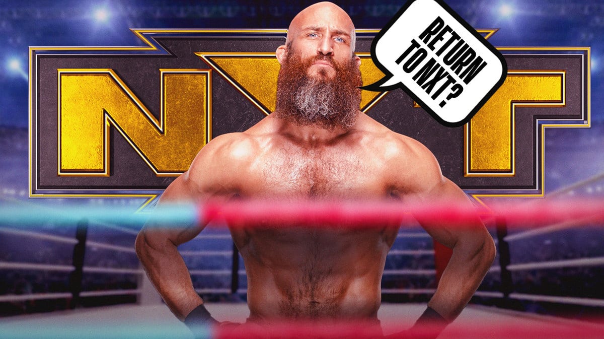Tommaso Ciampa with a text bubble reading “Return to NXT?” with the NXT logo as the background.