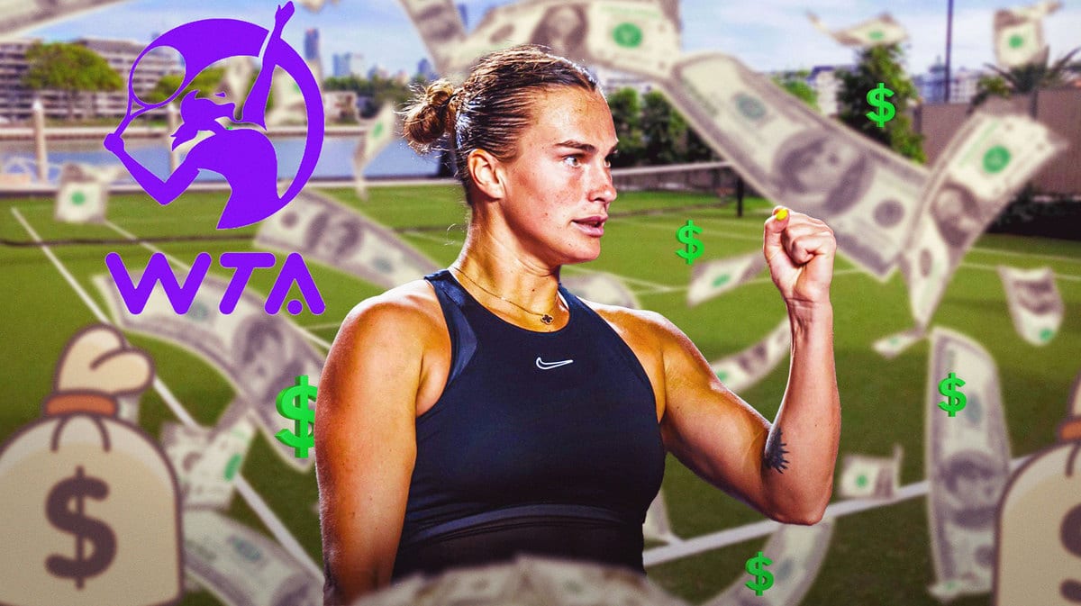 Aryna Sabalenka surrounded by dollar signs and dollar bags.