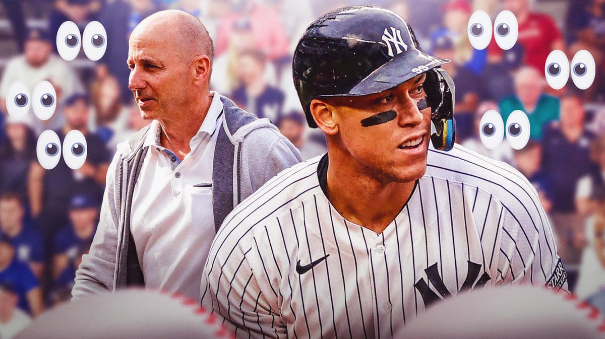 Aaron Judge and Brian Cashman with eyeball emojis around them.