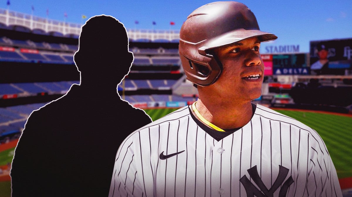 Juan Soto in a Yankees uniform with Sean Casey as a silhouette.