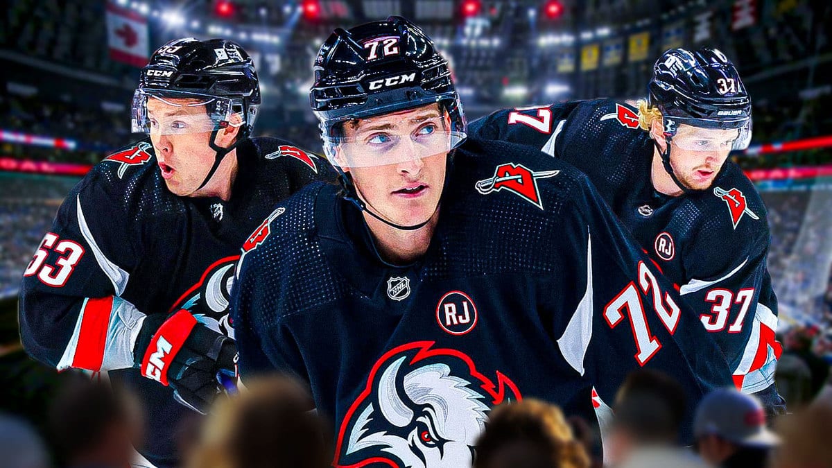 Buffalo Sabres stars Tage Thompson, Jeff Skinner, and Casey Mittelstadt at the KeyBank Center in Buffalo