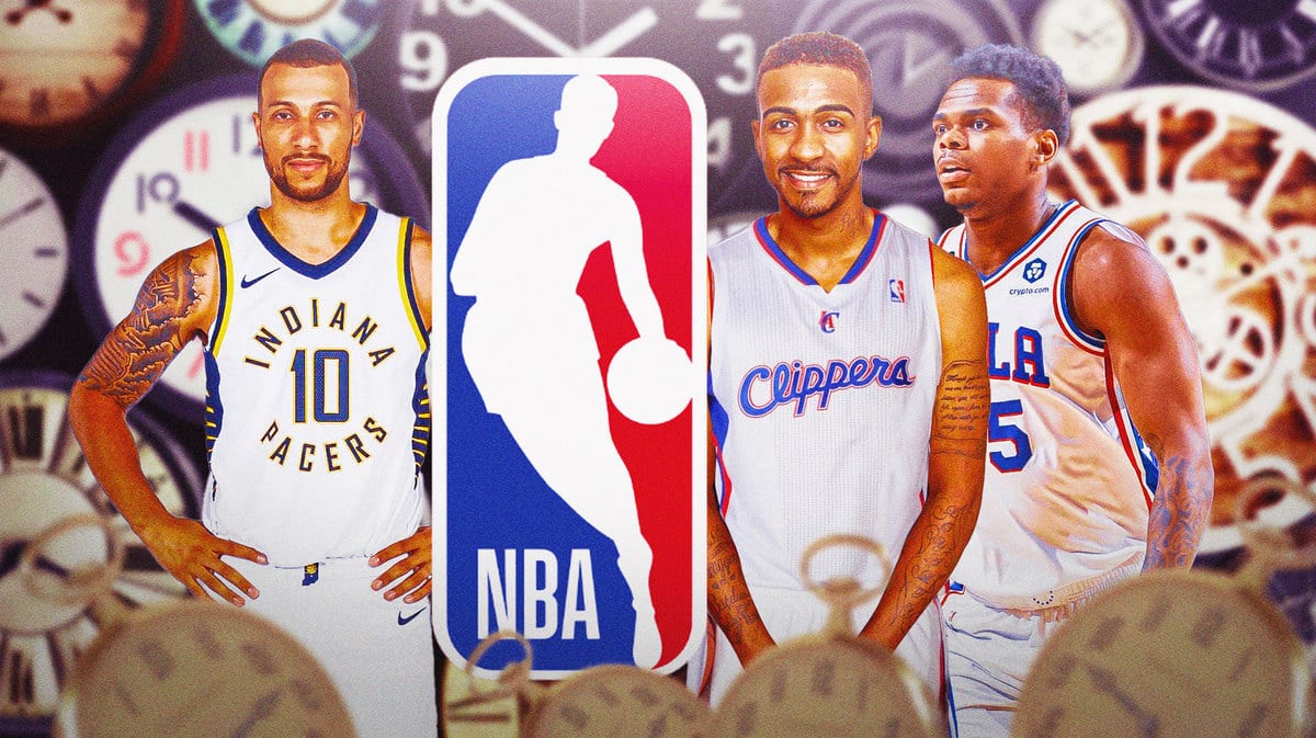 NBA logo front and center. Behind it is JamesOn Curry in a Clippers jersey, Michael Foster Jr. in a 76ers jersey, Trey McKinney-Jones in a Pacers jersey. Clocks and watches all around the graphic.
