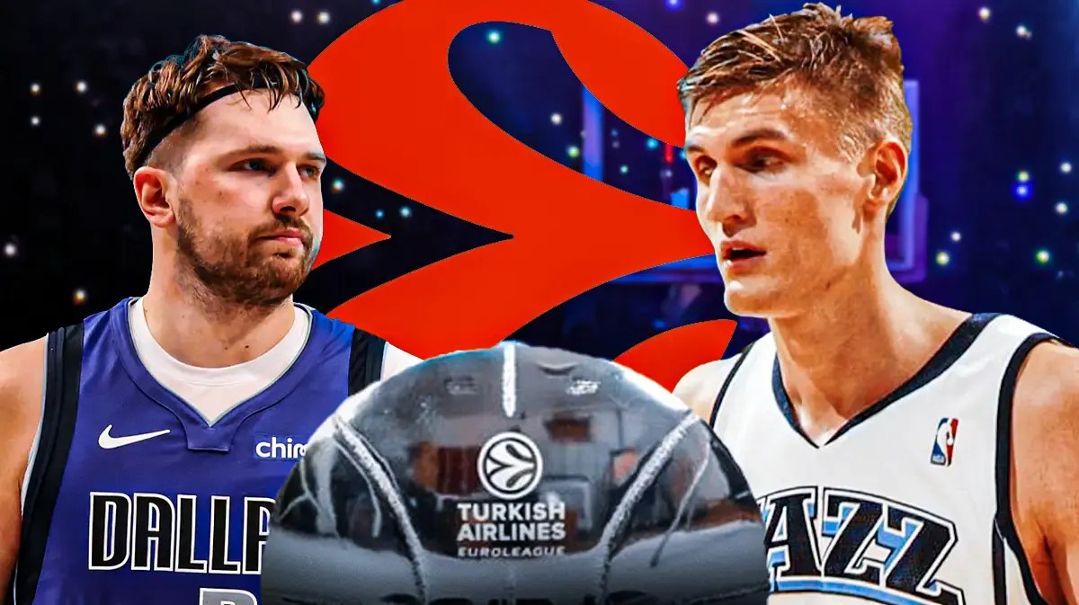 Luka Doncic and Andrei Kirilenko with a Euroleague MVP trophy.