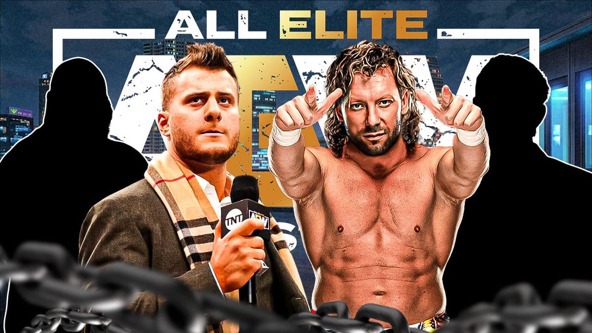 MJF and Kenny Omega in the middle the the blacked-out silhouette of Mark Henry on their left and the blacked-out silhouette of Eric Bischoff on the right with the AEW Collision logo as the background.