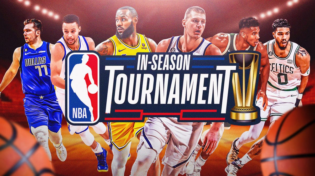 NBA In-Season Tournament logo with Nikola Jokic, LeBron James, Stephen Curry, Luka Donicc, Giannis Antetokounmpo and Jayson Tatum