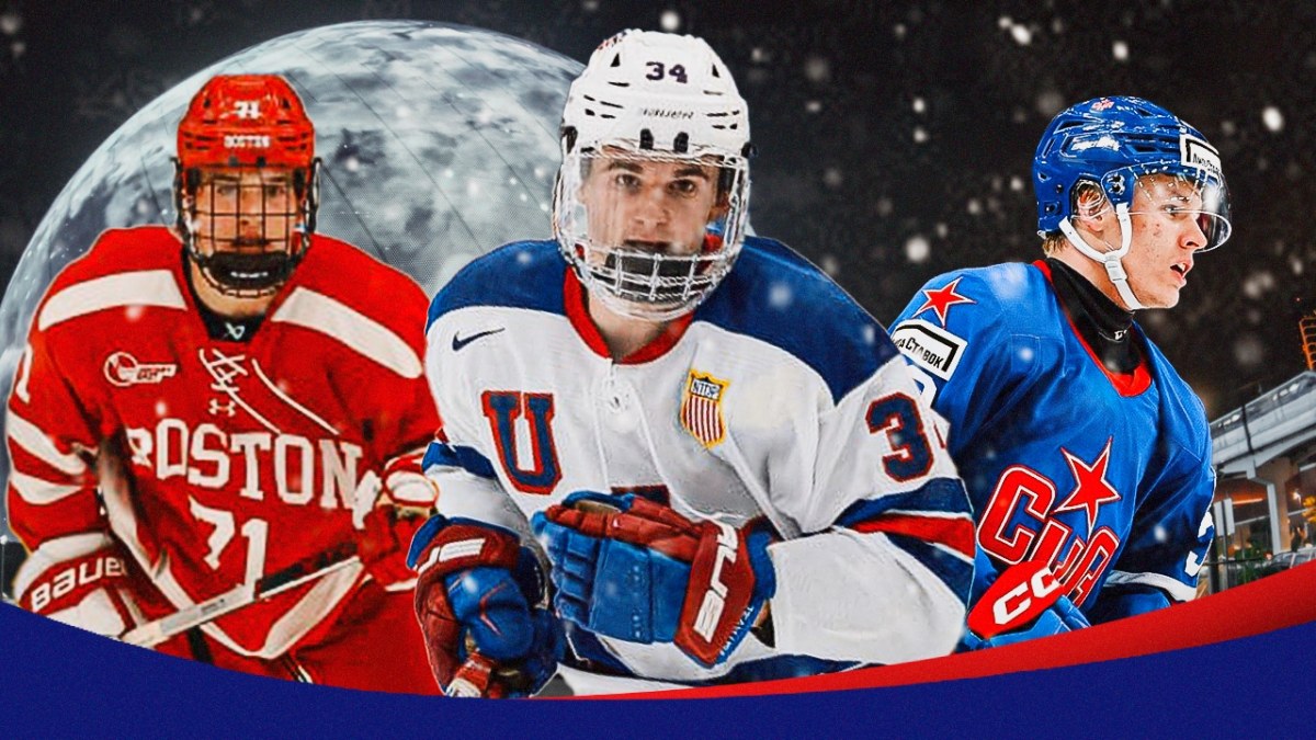 Top 2024 NHL Draft prospects Macklin Celebrini, Cole Eiserman, and Ivan Demidov at the Las Vegas Sphere ahead of ClutchPoints' first 2024 NHL Mock Draft