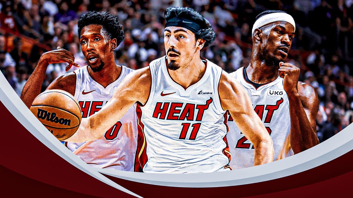 Miami Heat stars Josh Richardson, Jaime Jaquez Jr., and Jimmy Butler in front of the Kaseya Center.