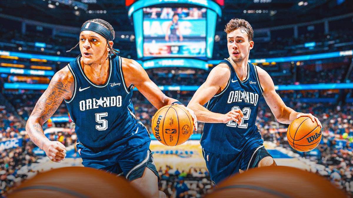 Paolo Banchero and Franz Wagner in their In-Season City jersey in the Amway Center