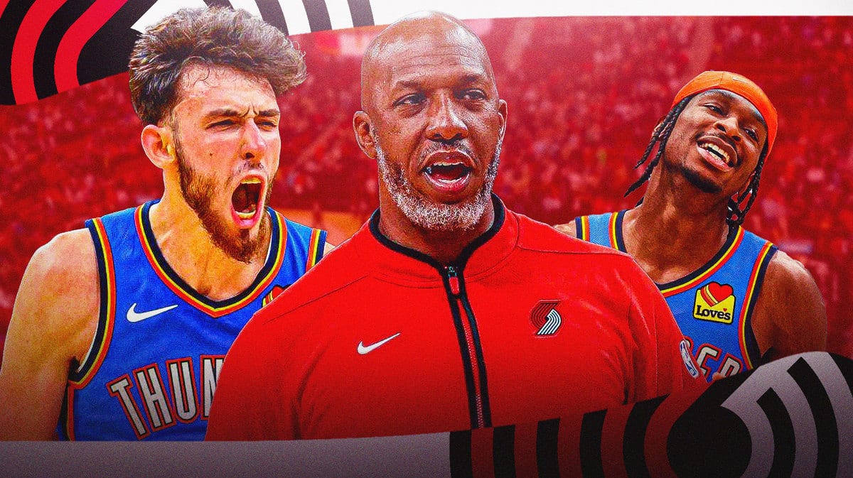 Blazers coach Chauncey Billups, Chet Holmgren, and Shai Gilgeous-Alexander