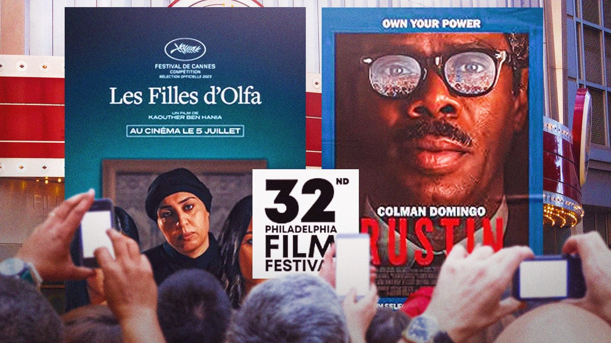 32nd Philadelphia Flim Festival logo, with posters of Four Daughters and Rustin and the Philadelphia Film Center background.