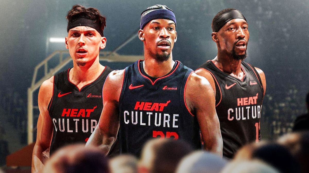 Miami Heat stars Tyler Herro, Jimmy Butler, and Bam Adebayo in front of the Kaseya Center.