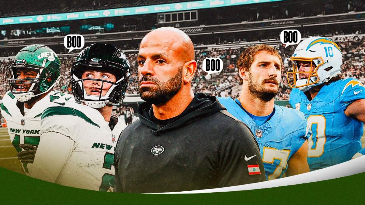 obert Saleh with smoke coming out of his ears, fans at MetLife Stadium booing. Dejected Zach Wilson, Garrett Wilson. Jubilient Joey Bosa and Justin Herbert of Chargers.
