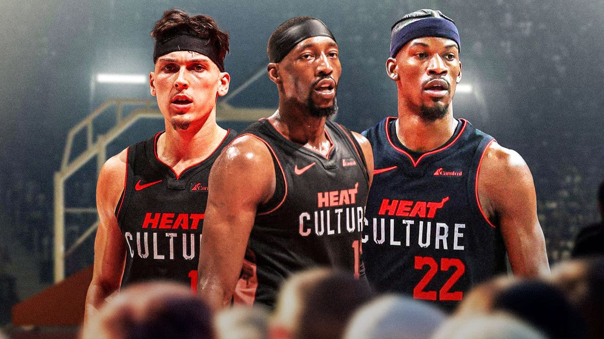 Miami Heat's Bam Adebayo, Jimmy Butler, and Tyler Herro in front of the Kaseya Center.