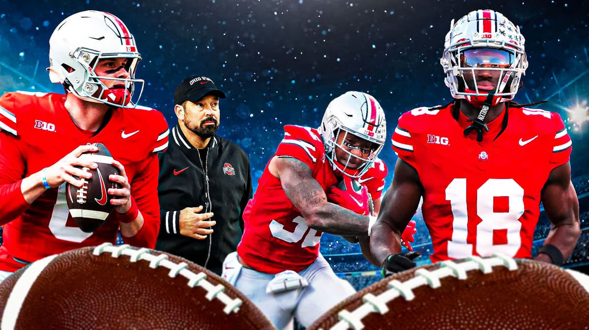 Photo: Kyle McCord, Ryan Day, TreVeyon Henderson, Marvin Harrison Jr in Ohio State football gear