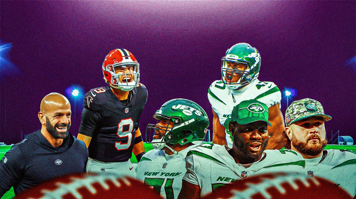 Image thumb: Robert Saleh smiling, looking at Mekhi Becton, Duane Brown, Joe Tippmann and Bryce Huff. In the background is Falcons QB Desmond Ridder