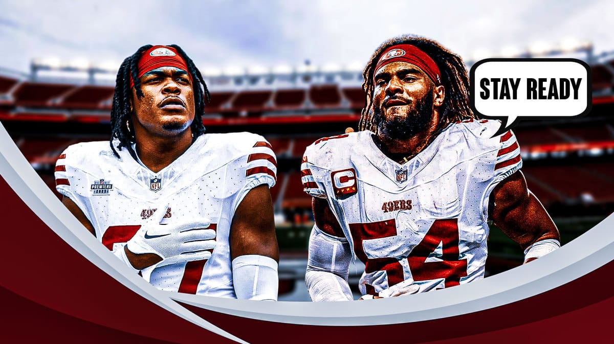 San Francisco 49ers Ji’Ayir Brown and Fred Warner and speech bubble from Warner “Stay Ready”