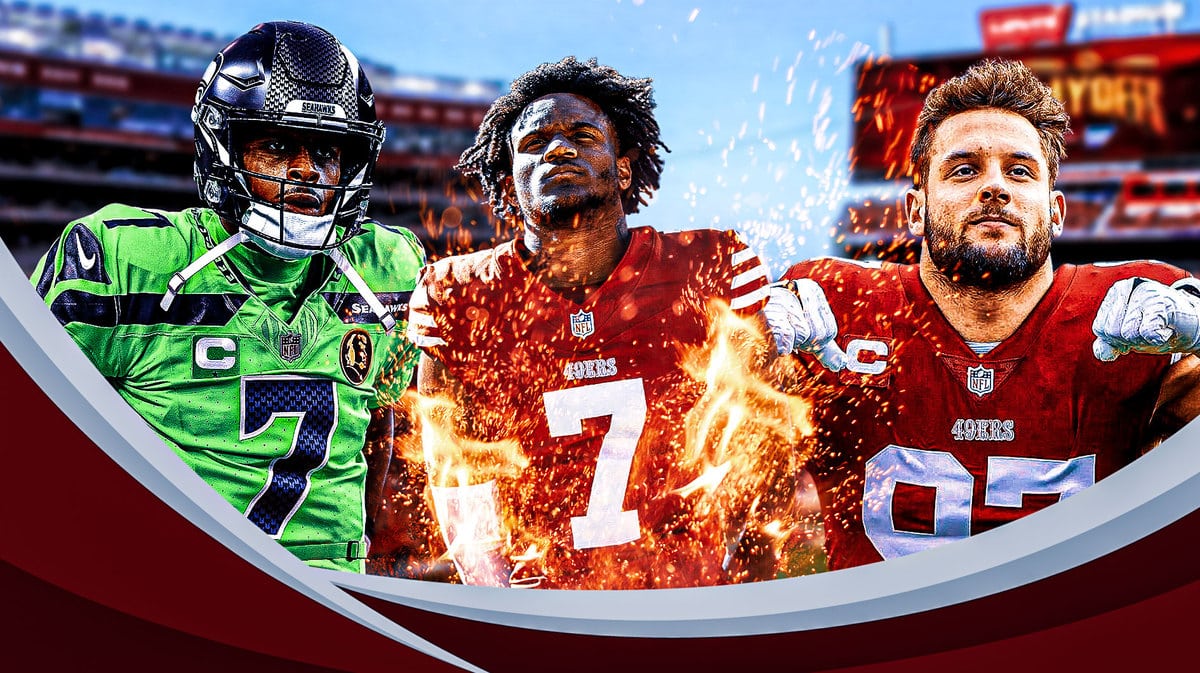 49ers Charvarius Ward with Nick Bosa and Seahawks Geno Smith and DK Metcalf