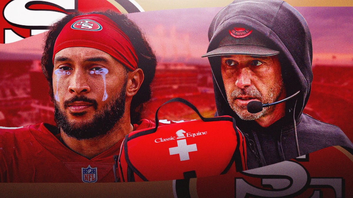 49ers safety Talanoa Hufanga with animated tears. Kyle Shanahan with first-aid kit