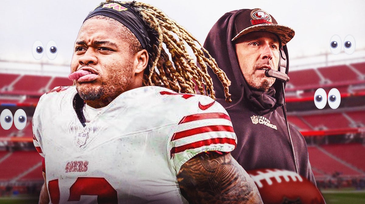 Chase Young in a 49ers uniform, Kyle Shanahan. Eyeball emojis around them.