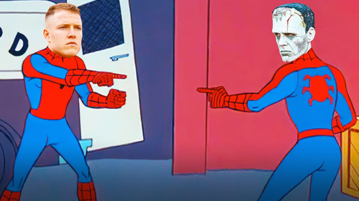 Christian McCaffrey and Frankenstein as the spiderman pointing at each other meme