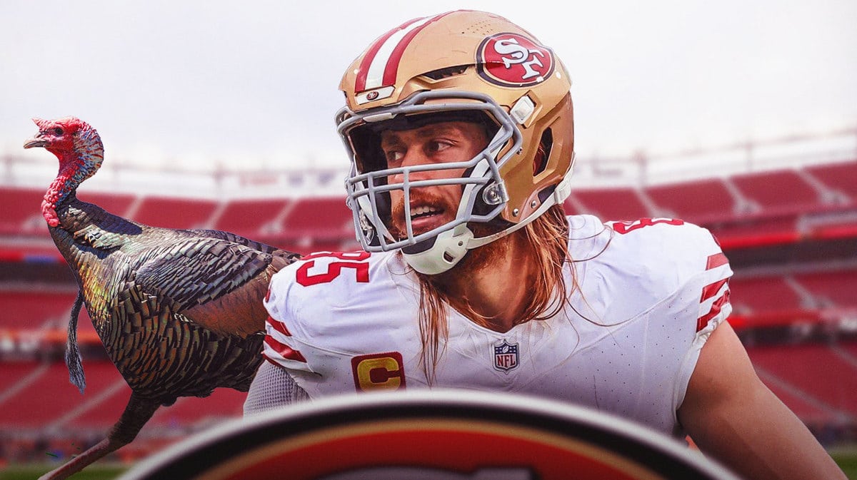 A turkey running away from San Francisco 49ers tight end George Kittle