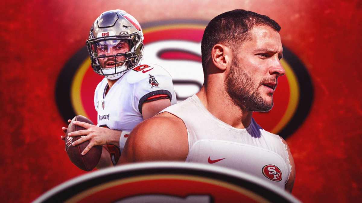 San Francisco, 49ers, Buccaneers, Nick Bosa, Baker Mayfield, Nick Bosa (in 49ers uni) and Baker Mayfield (in Buccaneers uni) with 49ers logo in the background