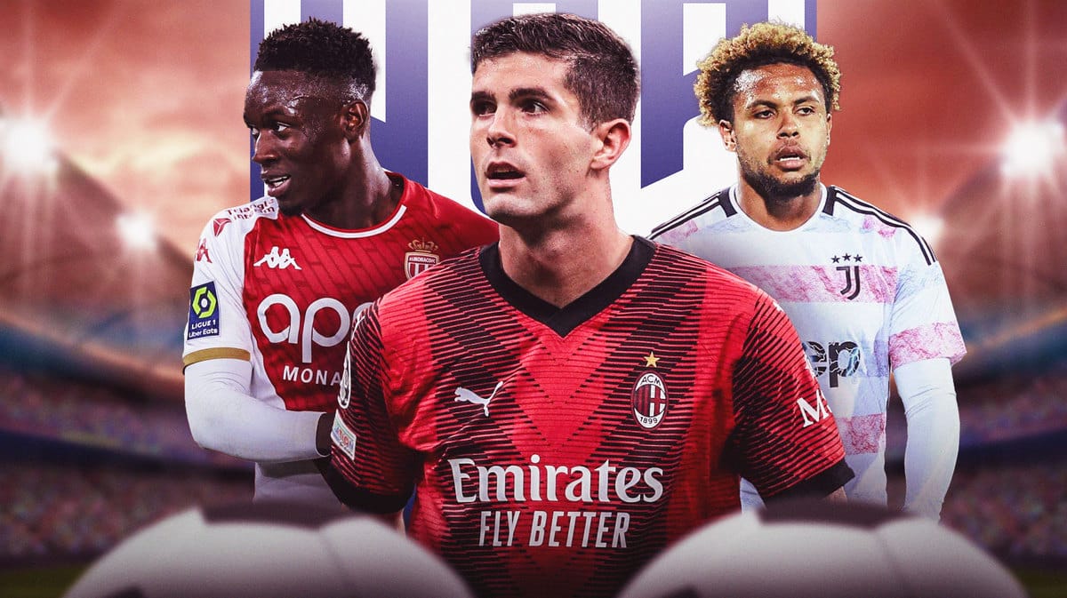 Christian Pulisic, Weston Mckennie, Folarin Balogun in front of the USMNT logo