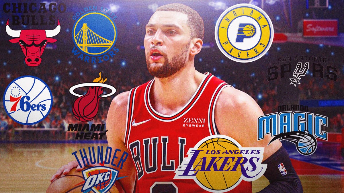 Bulls' Zach LaVine with NBA team logos around him.