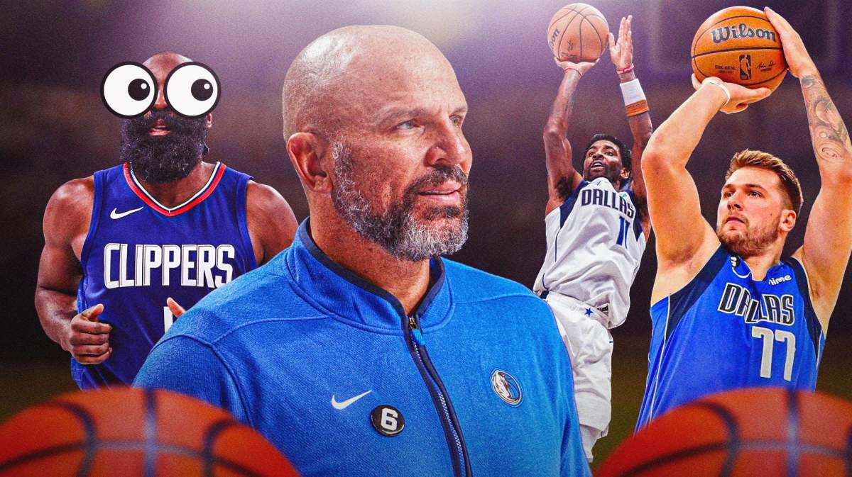Mavs' Luka Doncic, Mavs' Kyrie Irving both shooting basketballs. Mavs' Jason Kidd smiling. Clippers' James Harden with eyes popping out.