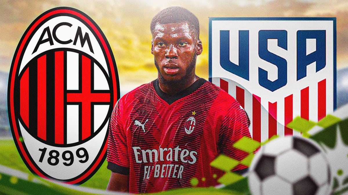 Yunus Musah in front of the AC Milan and USMNT logos