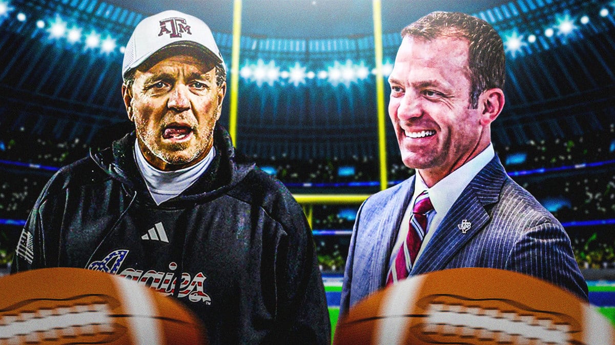 Texas A7M HC Jimbo Fisher looking at Ross Bjork.