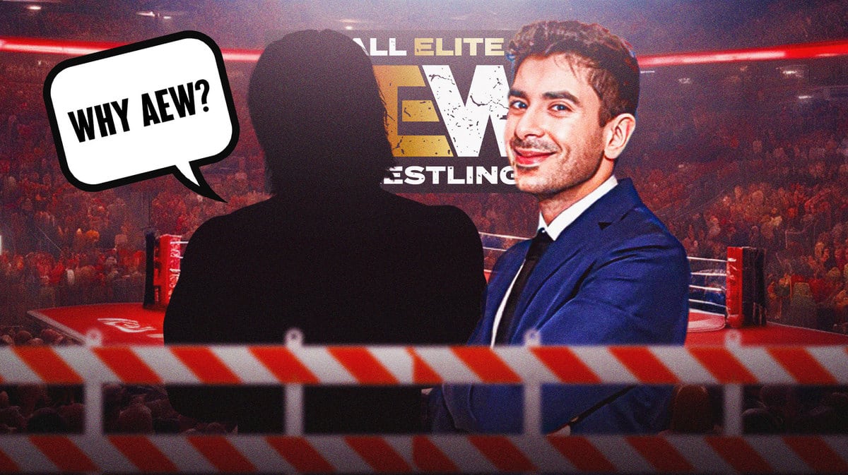 The blacked-out silhouette of Konosuke Takeshita with a text bubble reading “Why AEW?” next to Tony Khan with the AEW logo behind them.