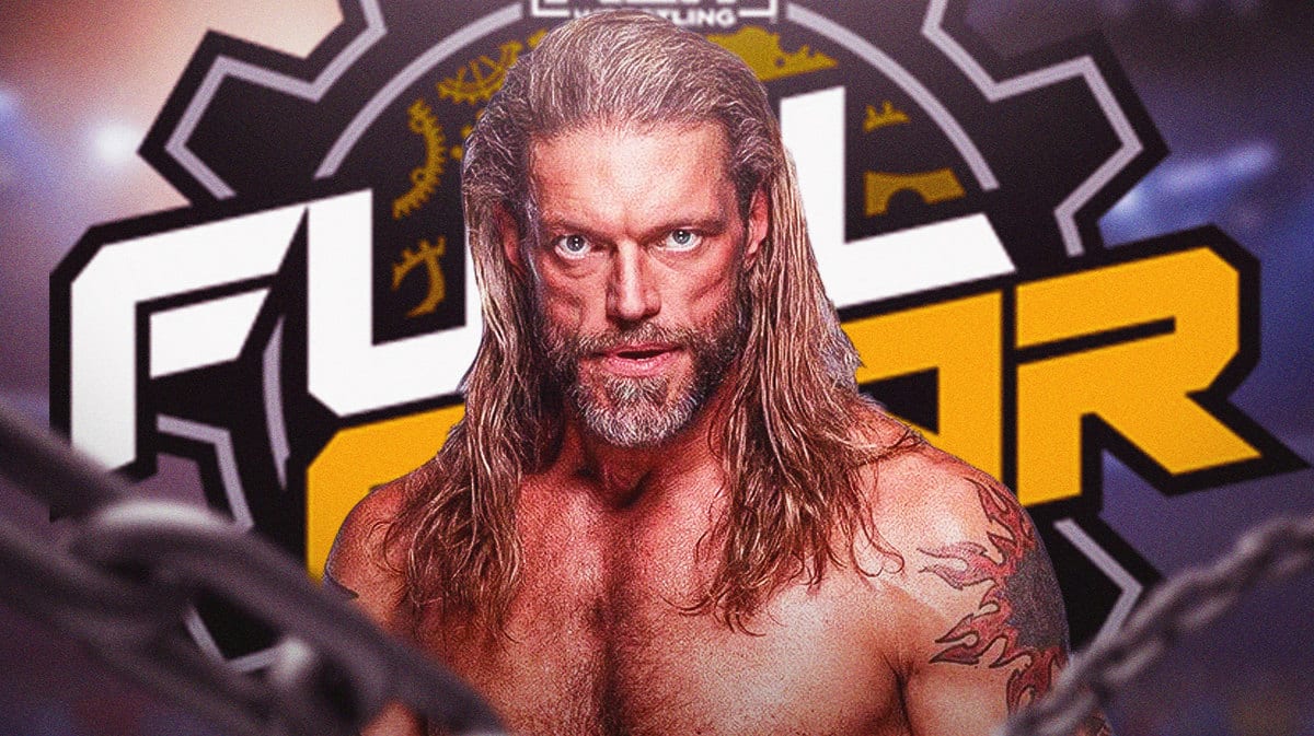 Adam Copeland in front of the AEW Full Gear logo.