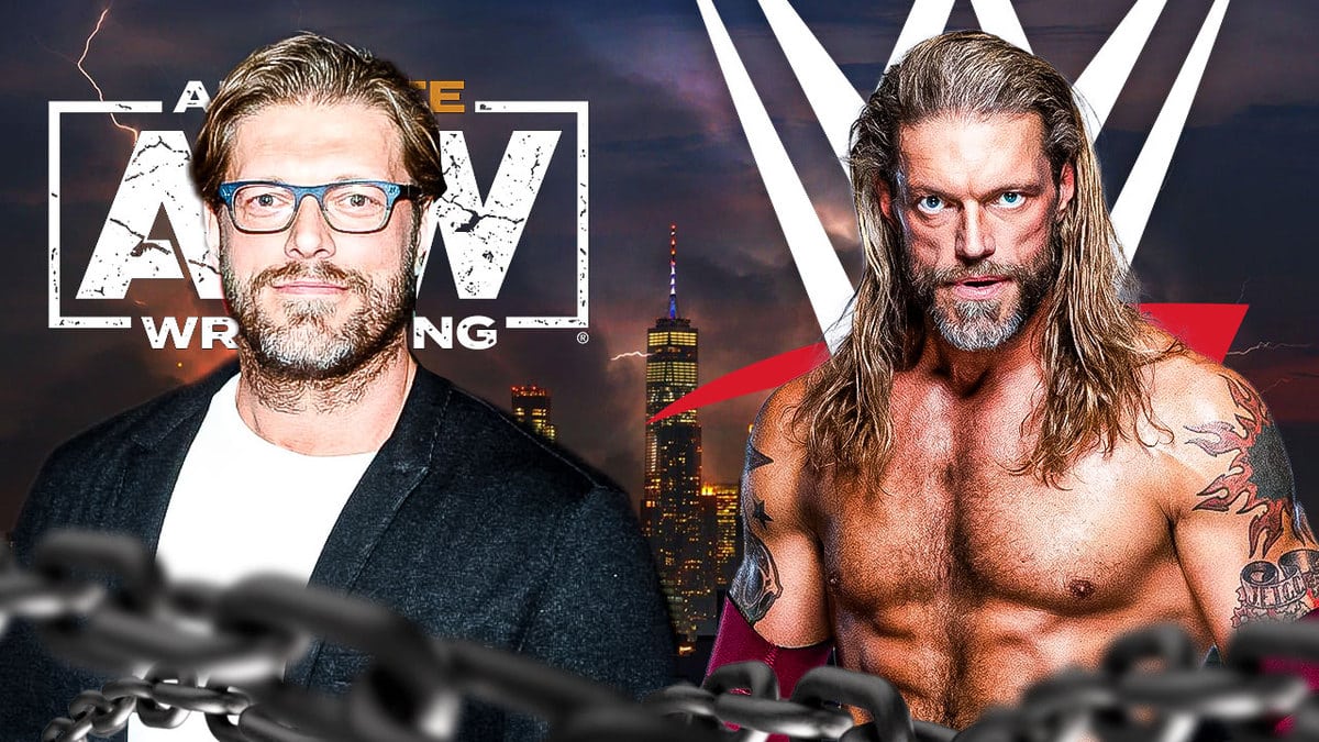 AEW’s Adam Copeland with a text bubble reading “It’s not special anymore” the AEW logo behind him next to WWE’s Edge (2008) with the WWE logo behind him.