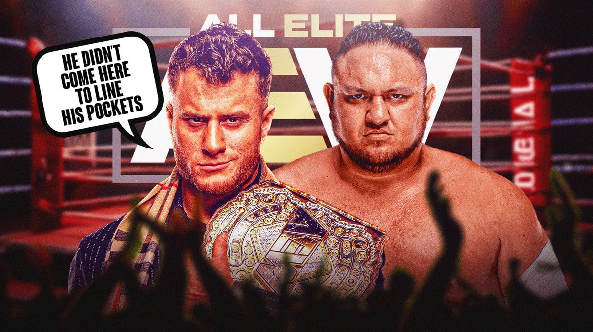 MJF with a text bubble reading “He didn’t come here to line his pockets” next to Samoa Joe with the AEW Dynamite logo as the background.