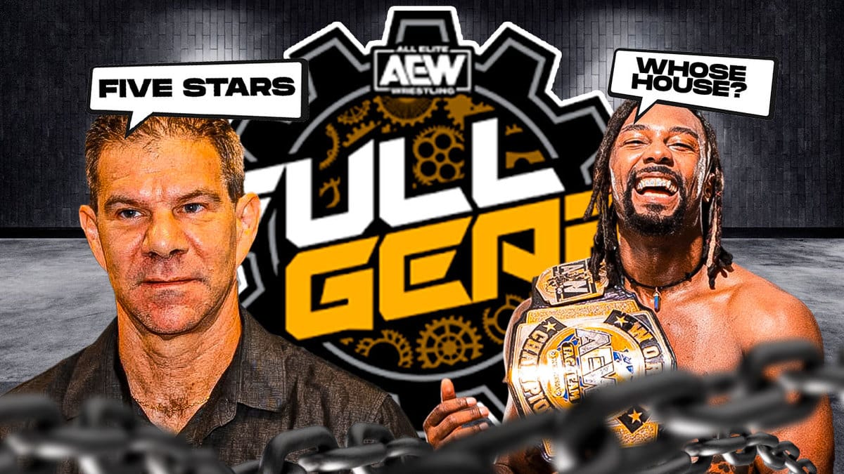 Dave Meltzer with a text bubble reading “Five Stars” next to Swerve Strickland with a text bubble reading “Whose house?” with the 2023 AEW Full Gear logo as the background.