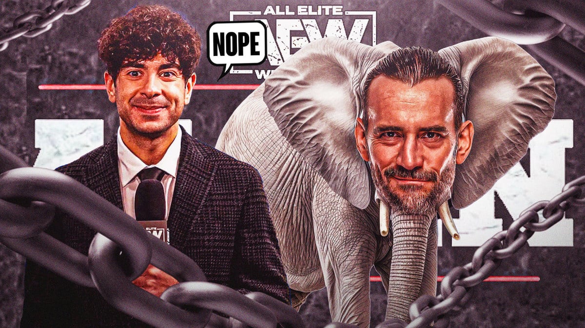 Tony Khan with a text bubble reading “Nope” next to an elephant with CM Punk’s face on it with the AEW All In logo as the background.