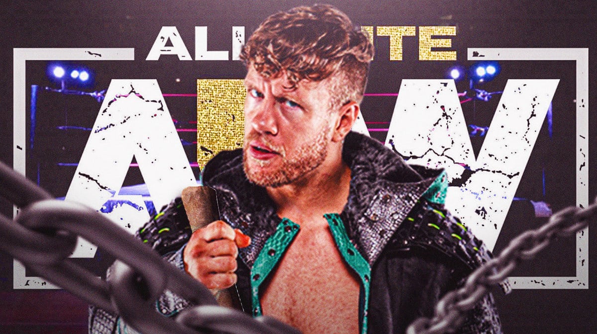 Will Ospreay holding a scroll with the AEW Full Gear logo as the background.